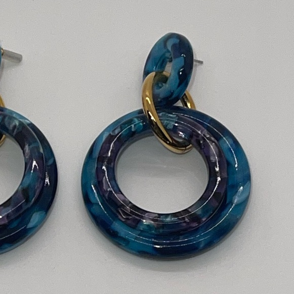 Lele Sadoughi blues/purple/sea colors- acetate hoops w/ gold accentes on ring. - Picture 2 of 4
